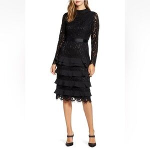 Rachel Parcell Tiered Long Sleeve Lace Black Cocktail Dress Satin Ruffles XL